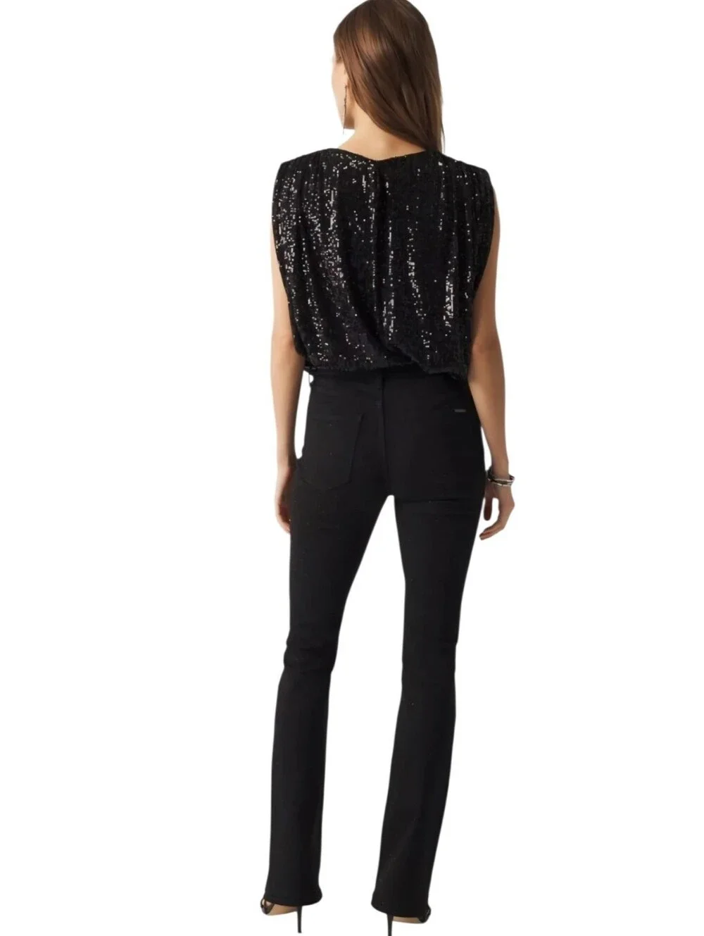 WHBM Black Crystal Embellished High Rise Skinny Flare Denim Jeans Size 8 - Picture 2 of 6